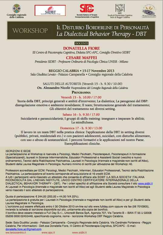 Workshop Disrturbo borderline di personalità - Reggio Calabria