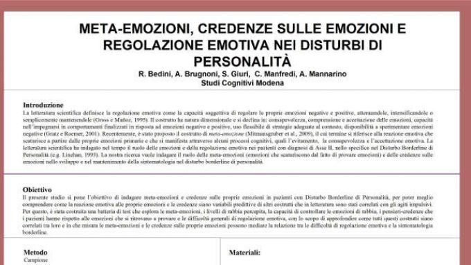 Meta-emozioni, credenze sulle emozioni e regolazione emotiva nei disturbi di personalità – Dal Forum di Assisi 2015