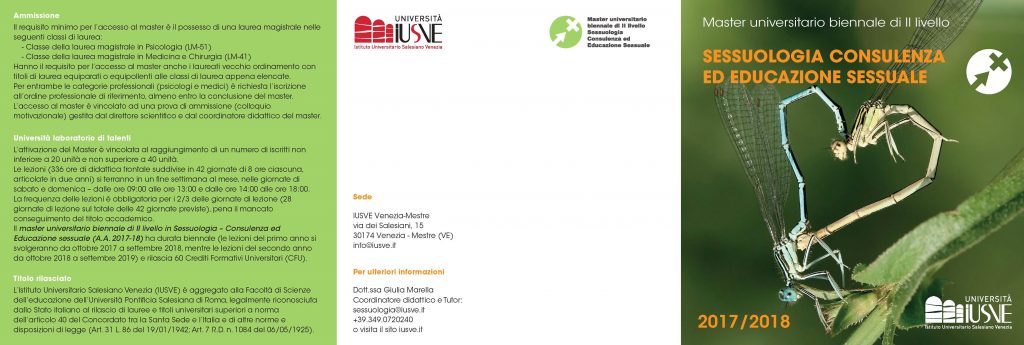 Sessuologia Consulenza ed Educazione Sessuale - Master Universitario biennale di II livello 2017-2018 - IUSVE Istituto Universitario Salesiano Venezia - Locandina 1