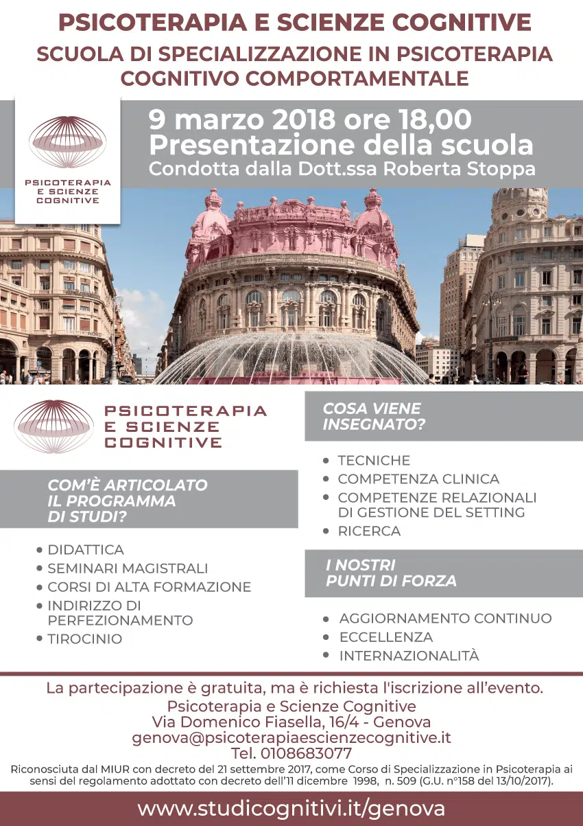 Psicoterapia e Scienze Cognitive Genova - Presentazione scuola 9 marzo 2018 - Locandina