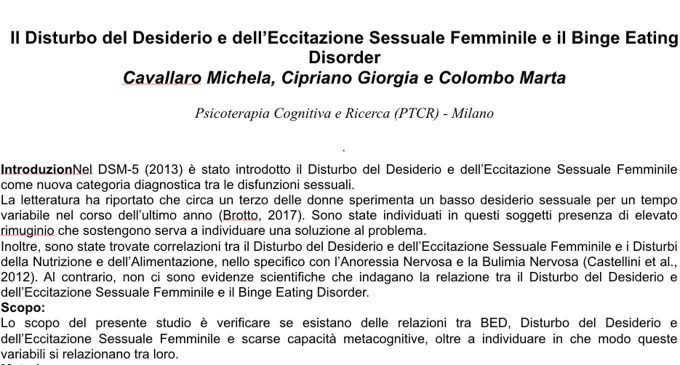 Il Disturbo del Desiderio e dell’Eccitazione Sessuale Femminile e il Binge Eating Disorder – Riccione, 2019