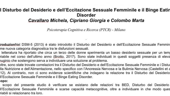 Il Disturbo del Desiderio e dell’Eccitazione Sessuale Femminile e il Binge Eating Disorder – Riccione, 2019